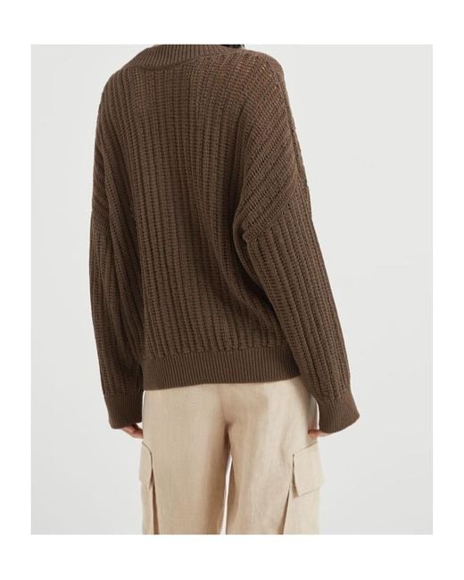 Brunello Cucinelli Brown Monili-Embellished V-Neck Jumper