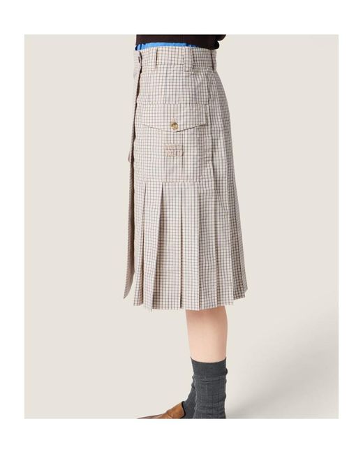 Miu Miu Natural Checked Pleated Midi Skirt