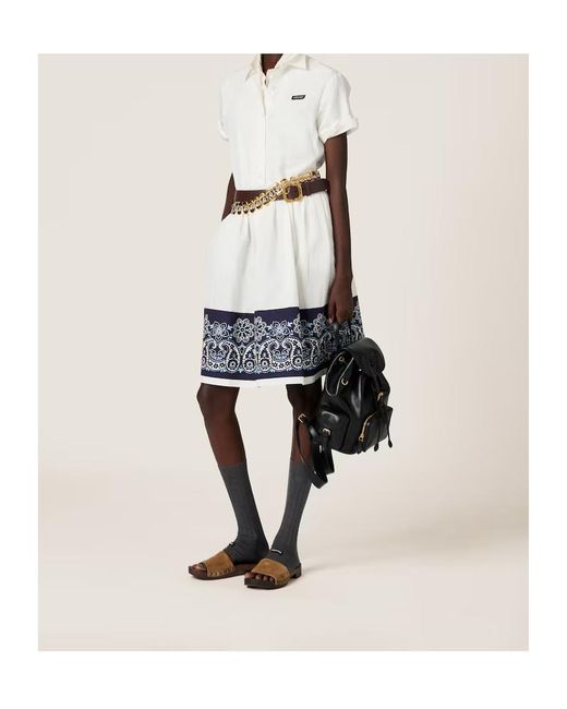Miu Miu White Slubbed Poplin Dress With Print