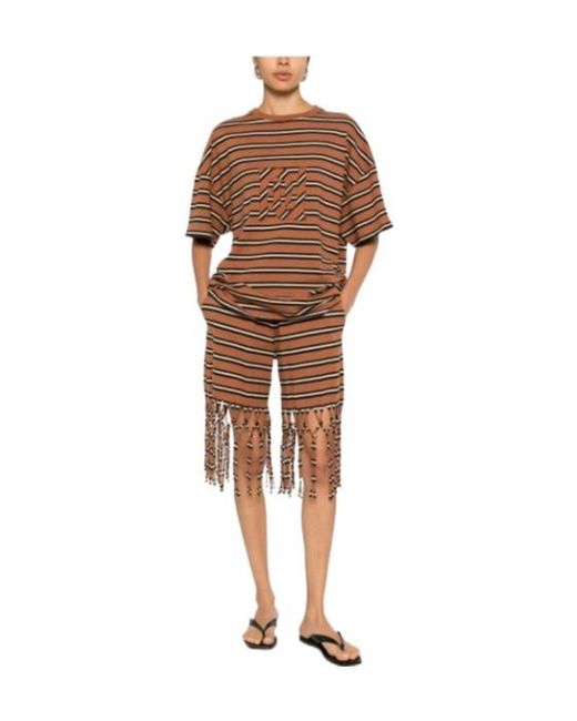 Nanushka Brown Wren Monogram-Patch Striped T-Shirt