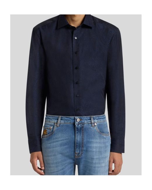Etro Blue Cotton Jacquard Shirt for men