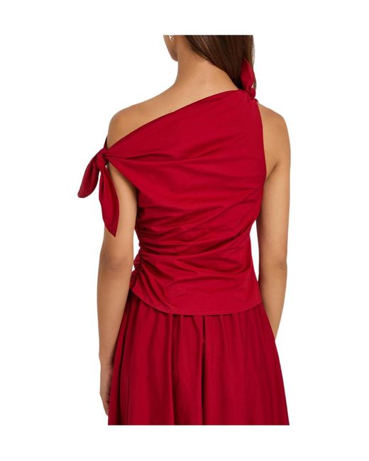 Staud Red Ruched Stretch-Cotton Top