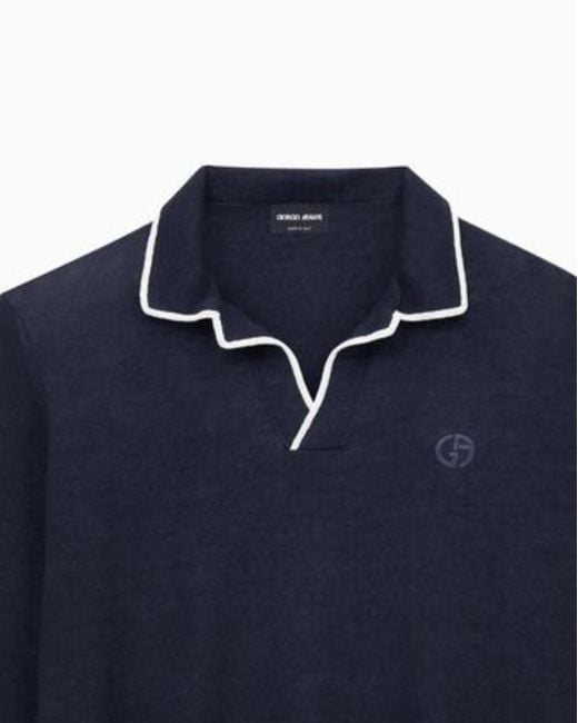 Giorgio Armani Blue Logo Embroidered Knitted Polo Shirt for men