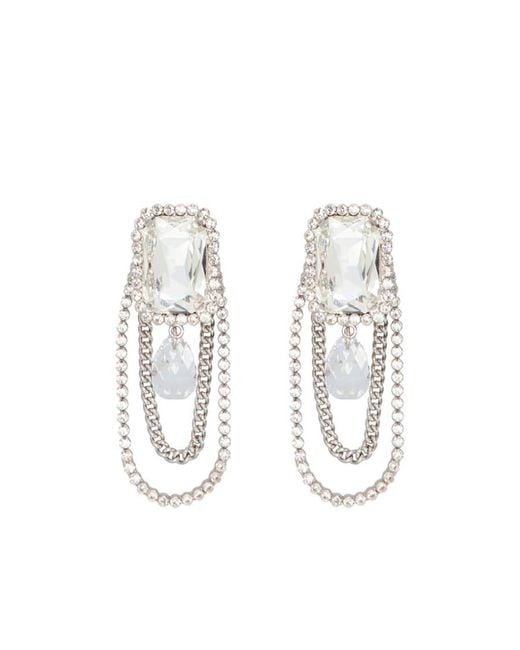 Alessandra Rich White Crystal-Embellished Drop Chain Earrings