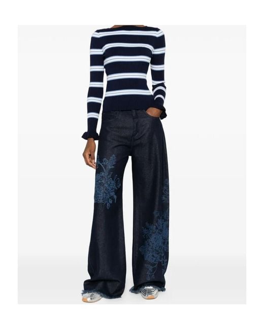 Twinset Blue Ruffled Cuff Striped Knitted Sweater