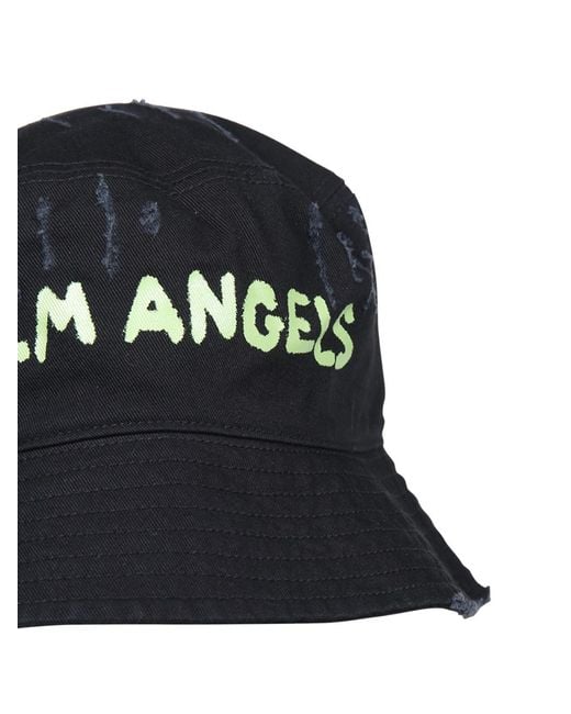Palm Angels Black Logo Printed Distressed Bucket Hat for men