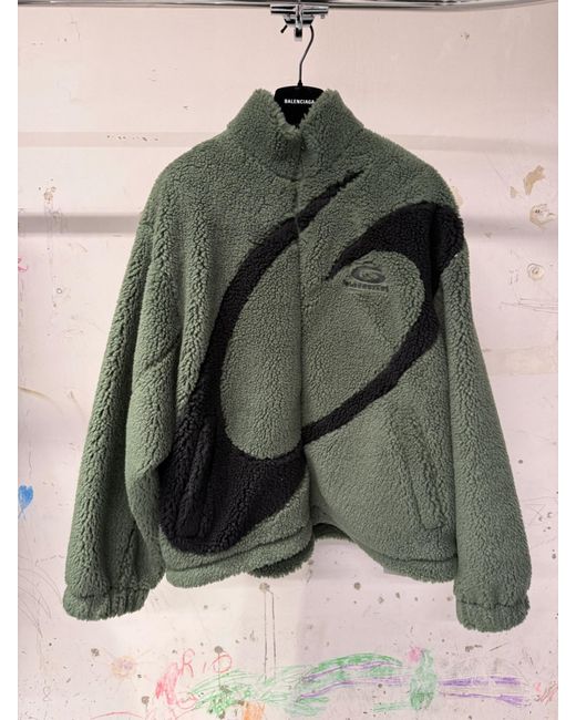 Balenciaga Logo Embroidered Teddy Jacket in Green for Men | Lyst