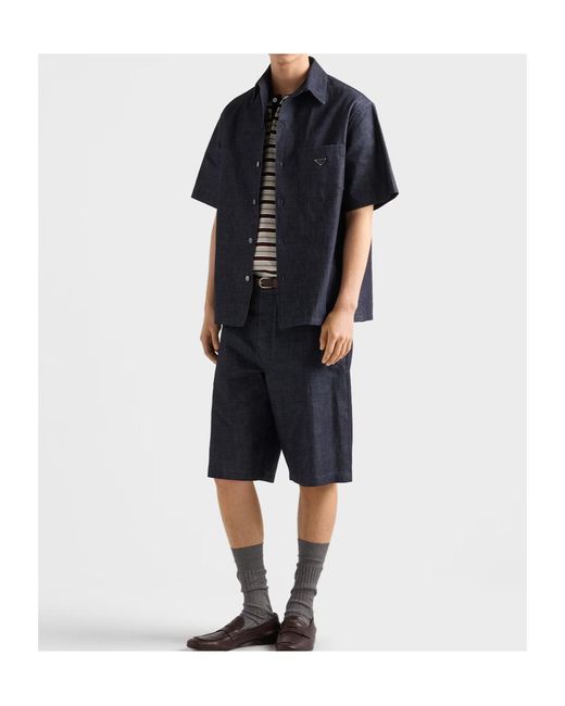 Prada Blue Short-Sleeved Chambray Denim Shirt for men