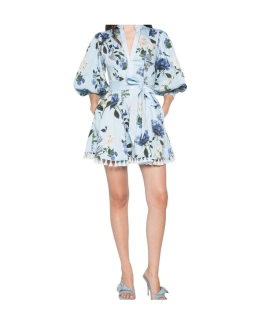Alice + Olivia Blue Floral-Print Tassel-Trim Mini Dress