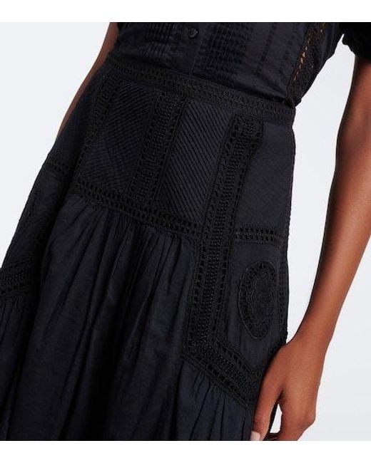Ulla Johnson Black Alice Embroidered Tiered Cotton Midi Skirt