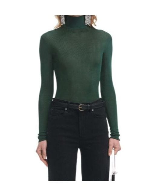 Self-Portrait Green Ribbed Turtleneck Top
