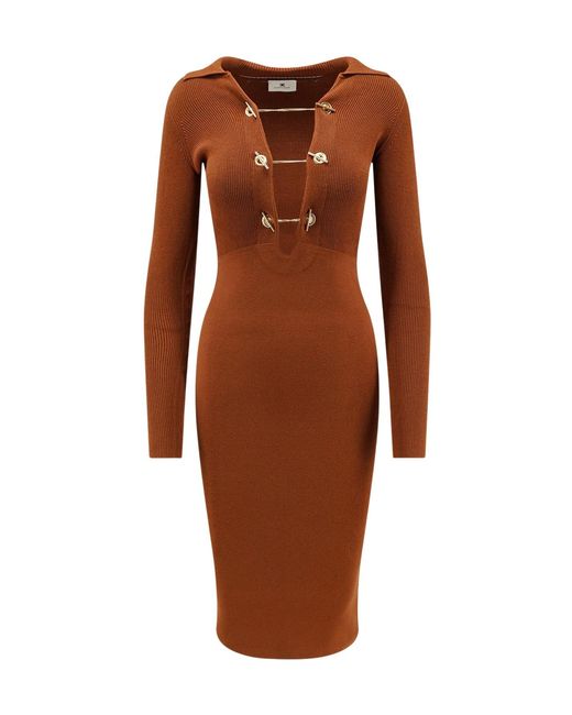Elisabetta Franchi Brown Lace-Up Knitted Midi Dress
