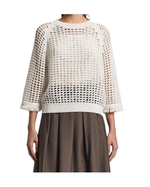 Peserico White Open-Knit Fringed Knitted Jumper