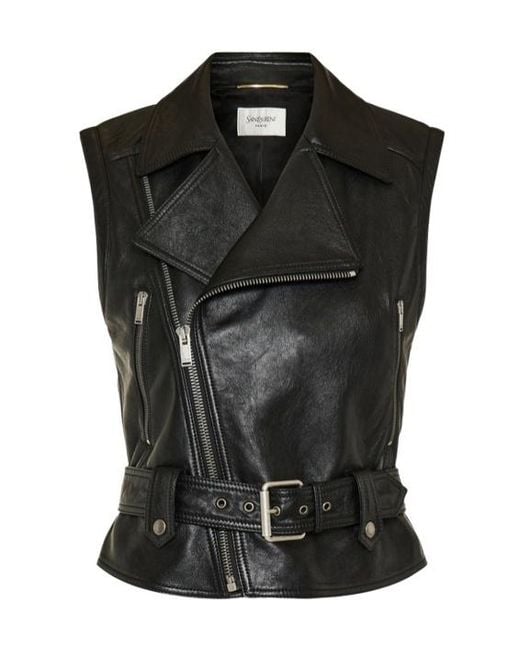 Saint Laurent Black Belted Sleeveless Leather Jacket