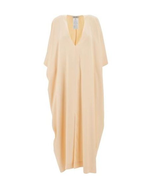 Alberta Ferretti Natural V-Neck Pleated Dress