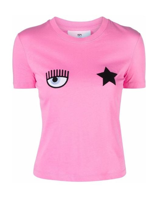 Chiara Ferragni Pink Logo Embroidered Crewneck T-Shirt
