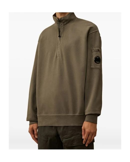 C P Company Green Half-Zip Lens-Pocket Sweatshirt for men