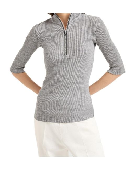 Brunello Cucinelli Gray Ribbed Zip-Neck Top