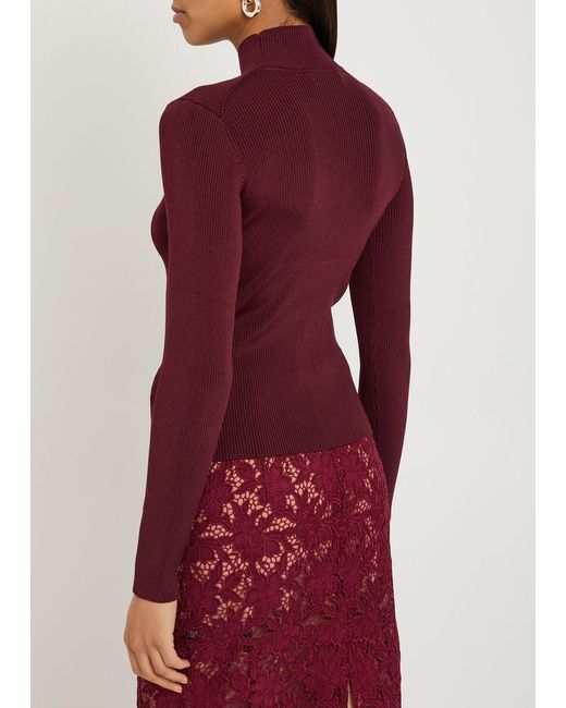 Self-Portrait Red Keyhole Ribbed Stretch-Knit Top