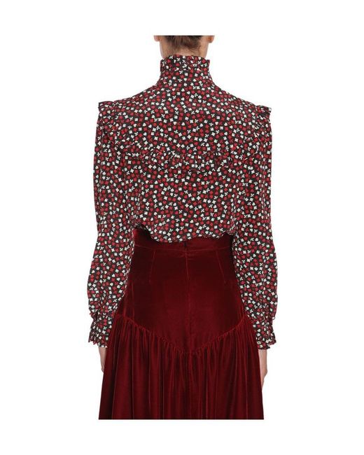Saint Laurent Red Printed Ruffle Trim Blouse