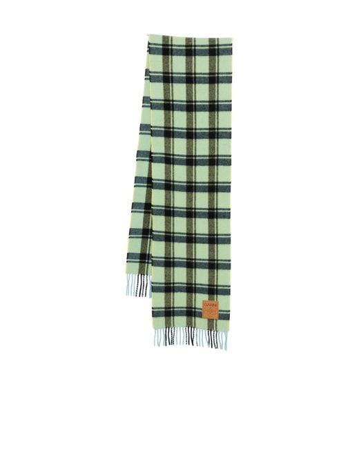 Ganni Green Logo Patch Checked Fringed Scarf