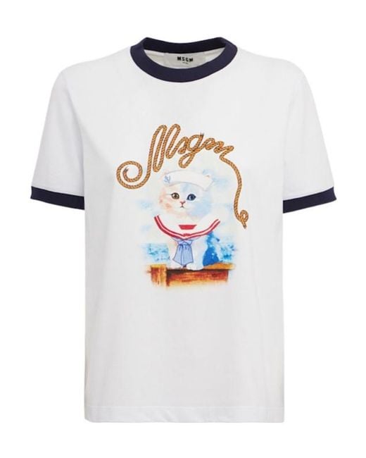 MSGM White Printed Cotton T-Shirt