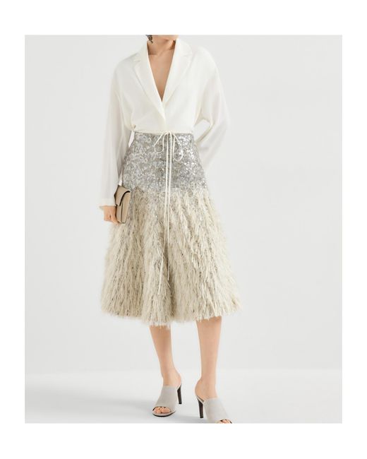 Brunello Cucinelli Natural Dazzling Fil Coupé Midi Skirt