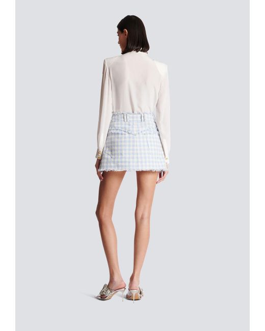 Balmain White Gingham Tweed A-Line Skirt