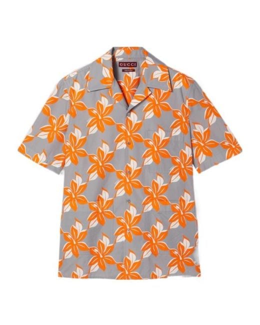 Gucci Orange Printed Short-Sleeve Poplin Shirt for men