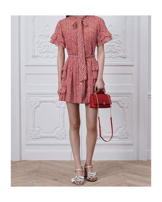 Dior Red Qixi Short Ruffled Dress With Belt