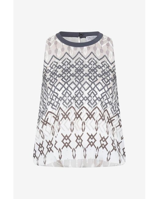 Brunello Cucinelli White Geometric-Print Silk Blouse