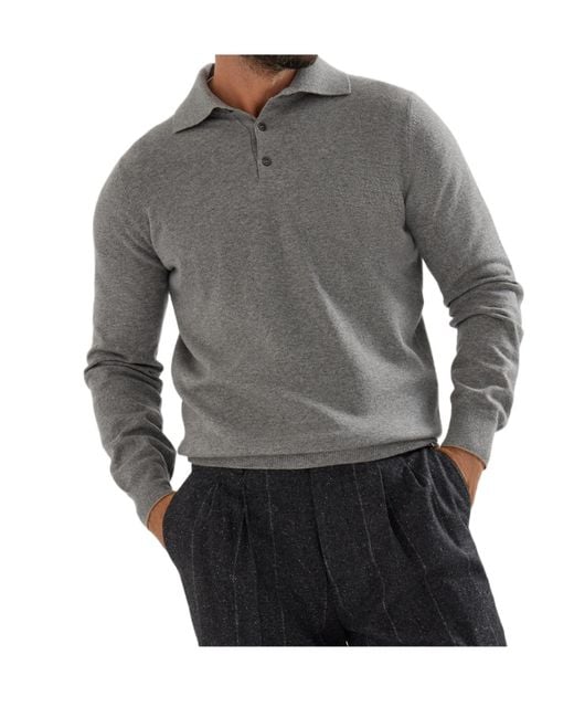 Brunello Cucinelli Gray Long-Sleeved Knitted Polo Shirt for men