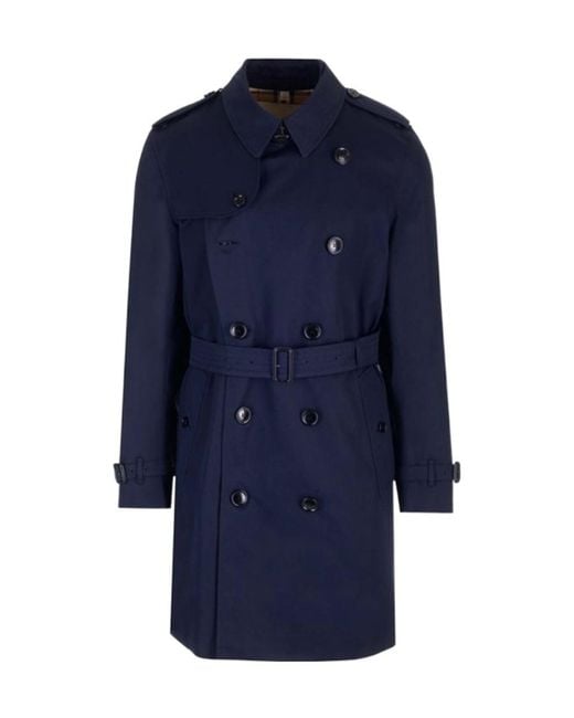 Burberry Blue Kensington Double-Breasted Belted Trench Coat for men