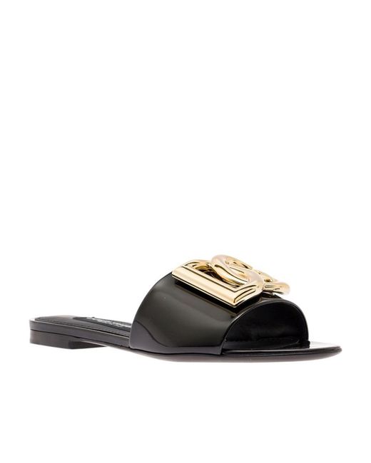Dolce & Gabbana Black Logo Plaque Slip-On Sandals