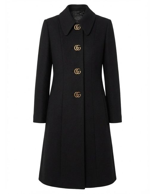 Gucci Black Wool Natté Coat With Double G Button