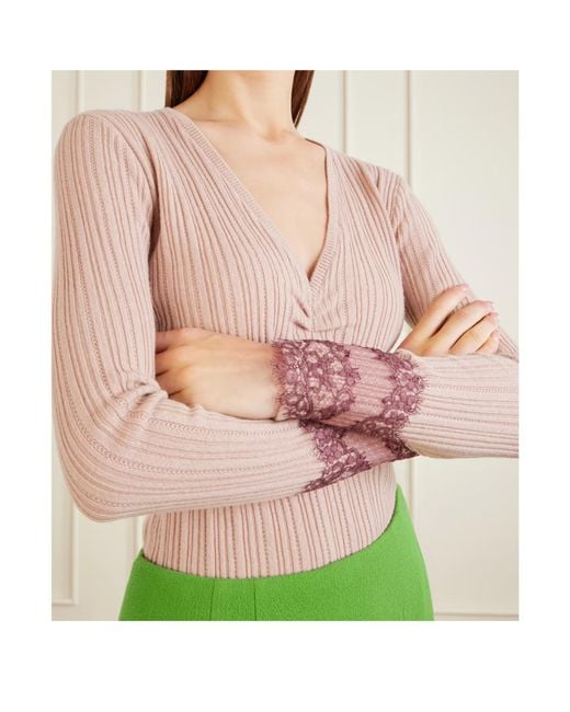 Valentino Pink Lace-Trimmed Ribbed Cashmere Sweater