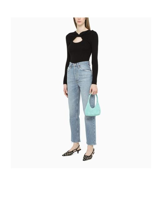 By Far Blue Amber Logo Detailed Zip-Up Shoulder Bag