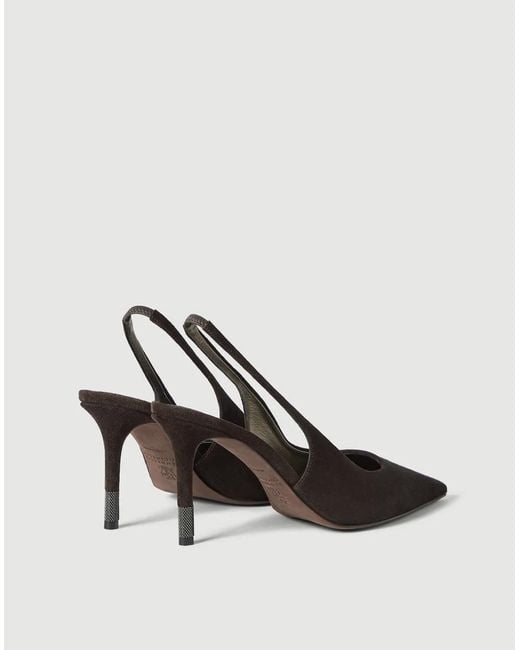 Brunello Cucinelli Brown Suede Slingback Heels With Monili