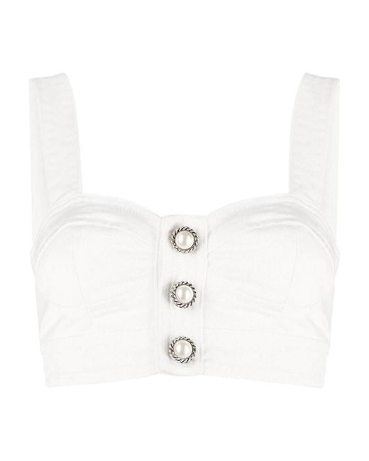 Alessandra Rich White Pearl-Button Crop Top