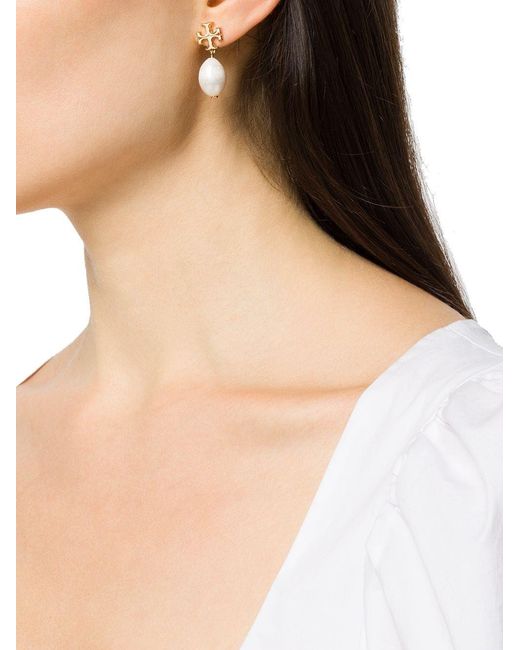 Tory Burch White Kira Logo Charm Drop Earrings