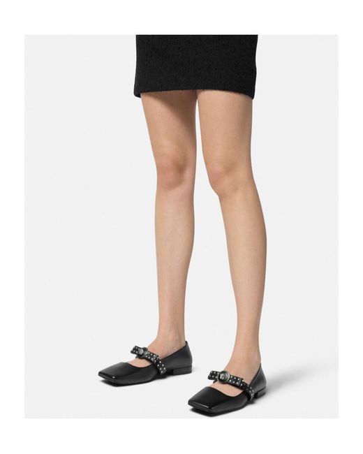 Versace Black Gianni Ribbon Square-Toe Ballet Flats