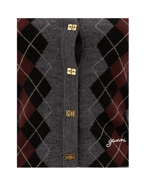 Ganni Black Argyle Knit Cardigan