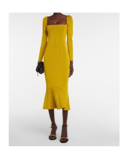 Galvan Yellow Atalanta Ribbed-Knit Midi Dress