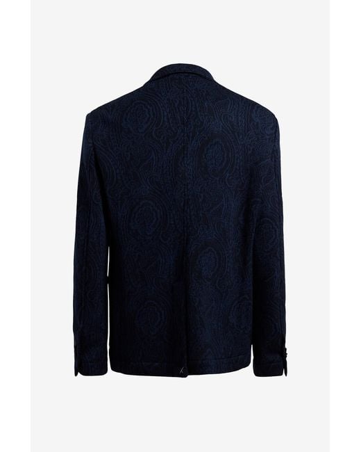 Etro Blue Single-Breasted Wool-Blend Jacquard Jacket With Arnica-Motif for men