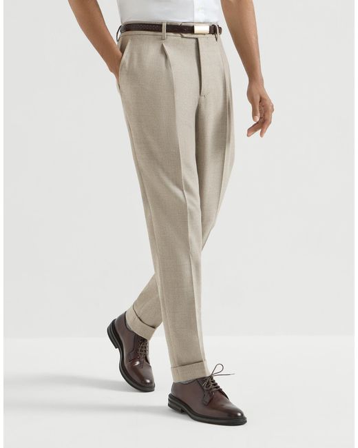 Brunello Cucinelli Gray Virgin-Wool Mouliné-Twill Trousers With Pleat for men