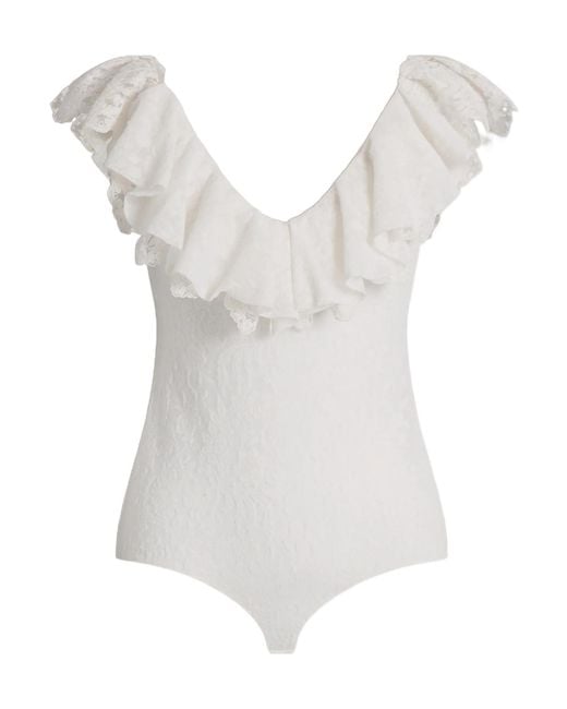 Alberta Ferretti White Wool Lace Bodysuit With Frilled Sleeves