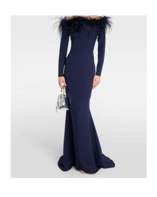 Safiyaa Blue Starlana Feather-Trimmed Off-Shoulder Gown