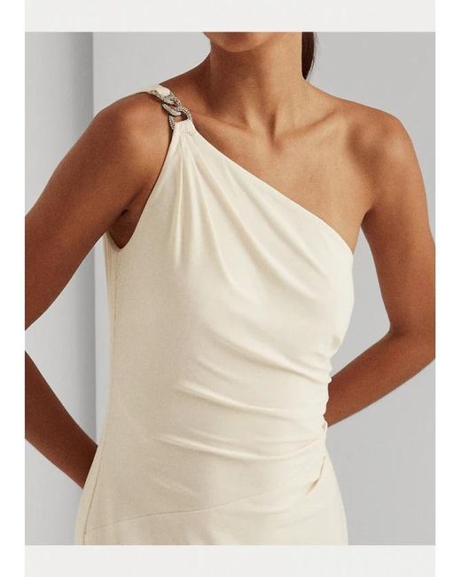 Ralph Lauren White Lauren One-Shoulder Embellished Maxi Dress