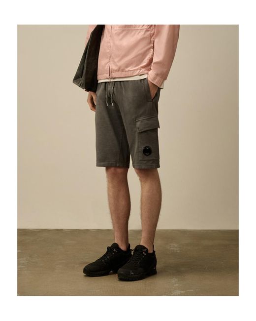 C P Company Gray Light Fleece Cargo Lens Shorts for men