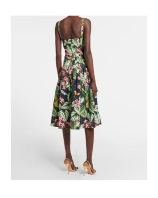 Oscar de la Renta Green Printed Cotton-Blend Poplin Midi Dress